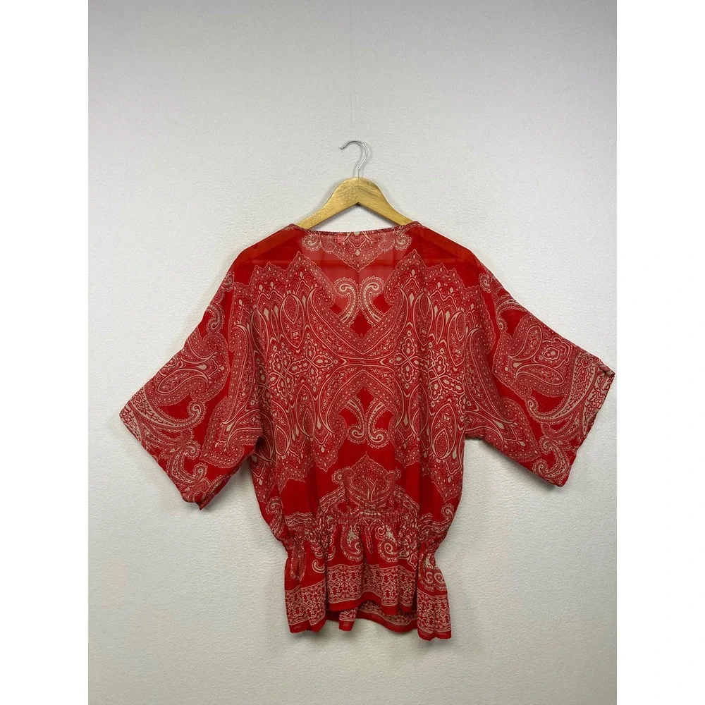 Chico's Boho Paisley Peplum Women L Red Kimono Sleeve V-Neck Chiffon Blouse